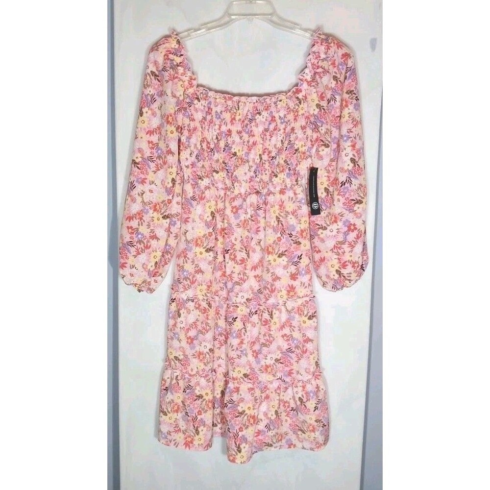 As U Wish Floral Mini Dress L Pink Smocked Milkmaid Puff Sleeve Cottagecore NWT